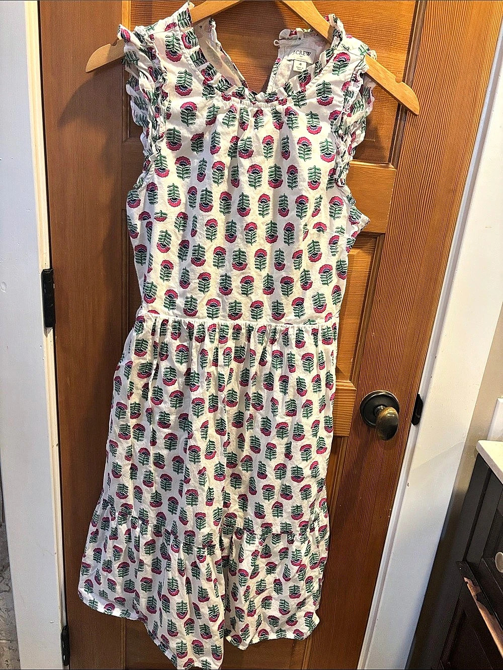 J.Crew Ruffle-Neck Tiered Block Print Dress White & Pink Size 4